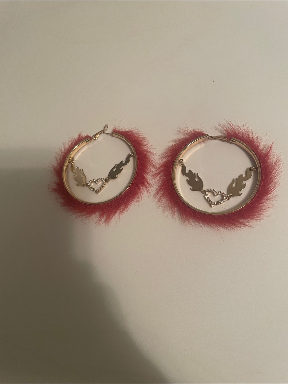 Red Faux-Fur Hoop Earrings with Heart & Flame Rhinestones Detail